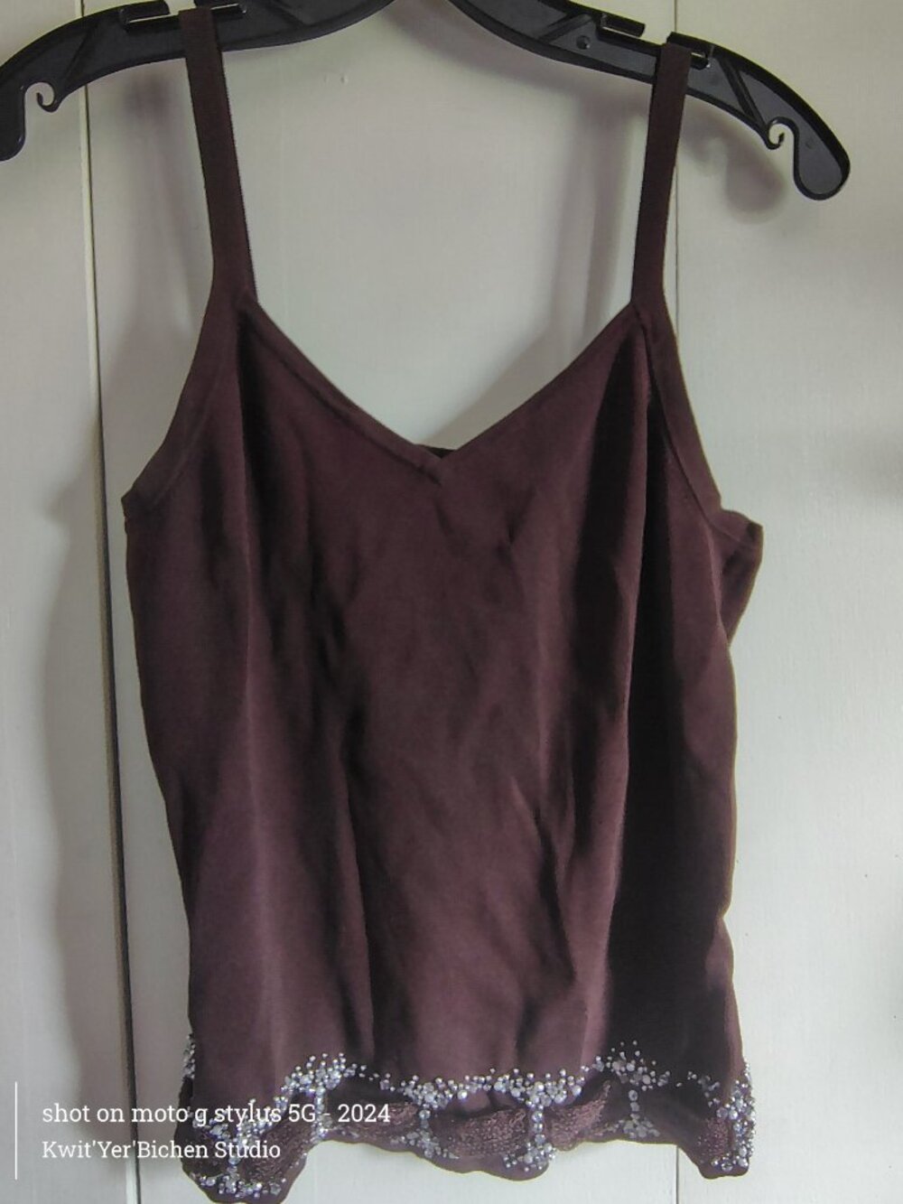 BELLA brown knit Tank Top with Beaded Trim